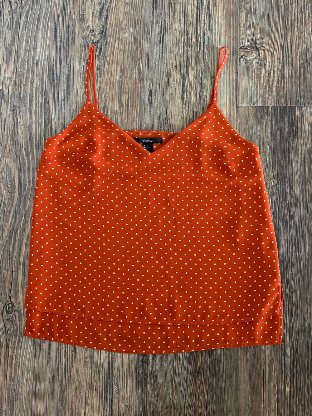 Forever 21 Double-Layer V-Neck Spaghetti Strap Tank Top S Rust Orange Polka Dots